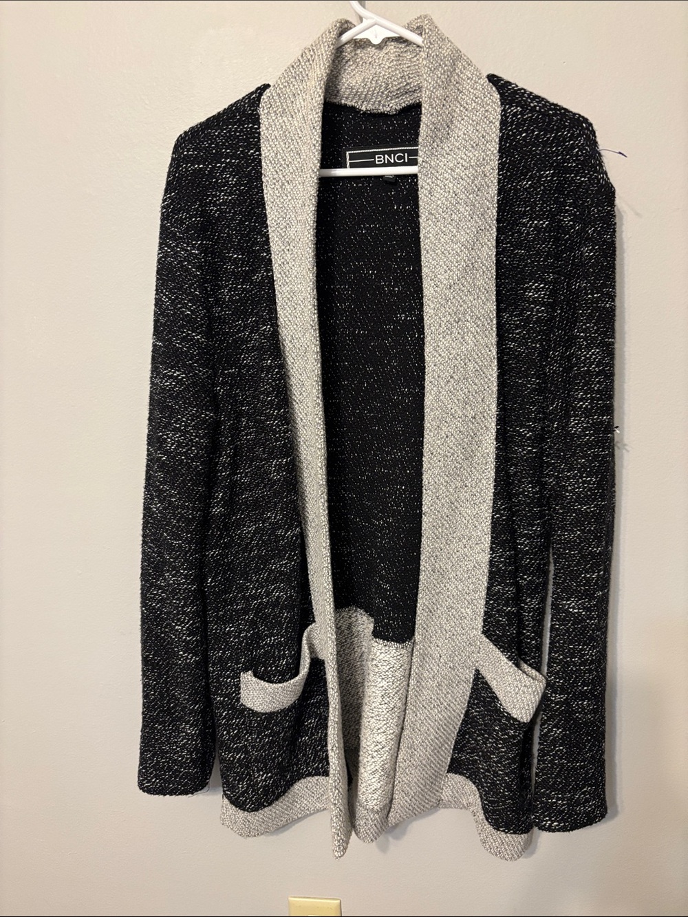 BNCI Black & Gray Open-Front Shawl Collar Cardigan